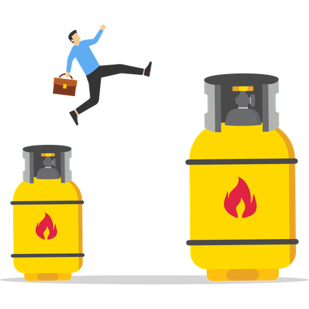 Businessman jumping from small to big gas cylinder  Illustration