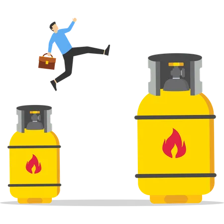 Businessman jumping from small to big gas cylinder  Illustration