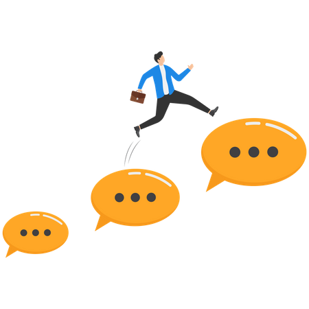 Businessman jumping from small to big speech bubbles  Illustration