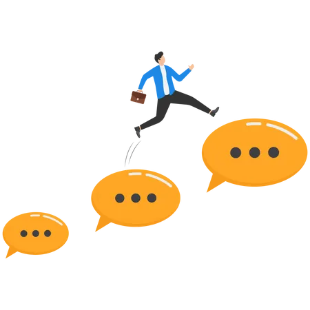 Businessman jumping from small to big speech bubbles  Illustration