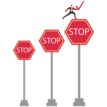 Businessman jumping from small to big stop sign  Illustration