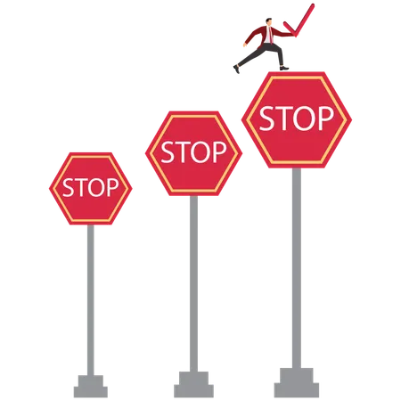 Businessman jumping from small to big stop sign  Illustration
