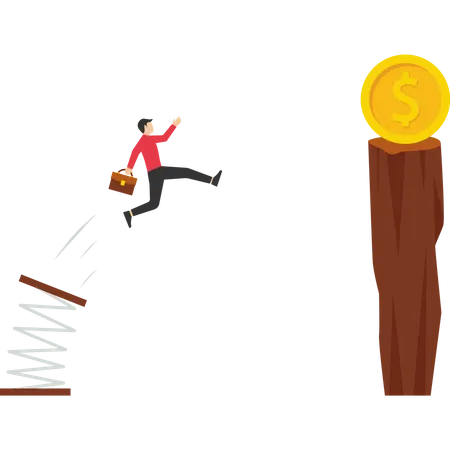 Businessman Jumping From Springboard To A Dollar Coin Vector Design Illustration