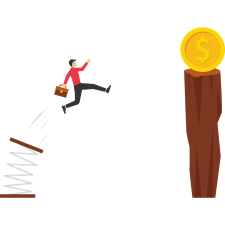 Businessman jumping from springboard to a dollar coin  Illustration