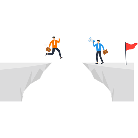 Businessman Jumping Gap Leader with Megaphone Red Flag Success  Illustration