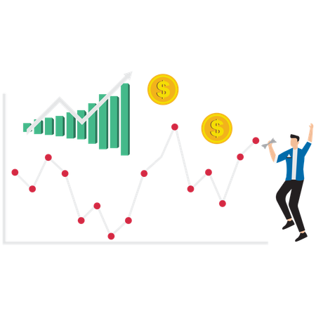 Businessman jumping in joy after looking at growth graph  Illustration