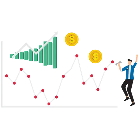 Businessman jumping in joy after looking at growth graph  Illustration