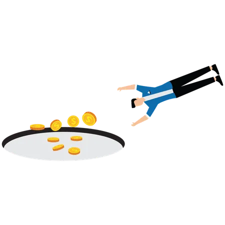 Businessman jumping into the trap of falling money  Illustration