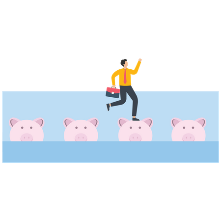 Businessman jumping on a piggy bank across the sea  Illustration