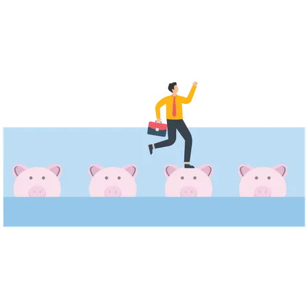 Businessman jumping on a piggy bank across the sea  イラスト