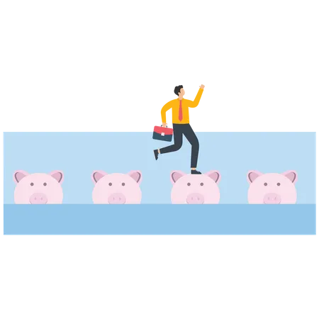 Businessman jumping on a piggy bank across the sea  Illustration