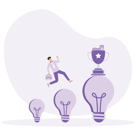 Businessman jumping on bulb for business trophy  Illustration