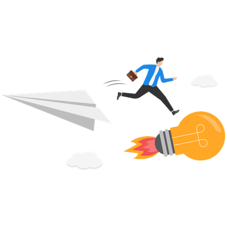 Businessman jumping on bulb from paper airplane  Illustration