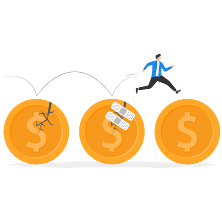 Businessman jumping on dollar coins for Fix financial problem  Illustration