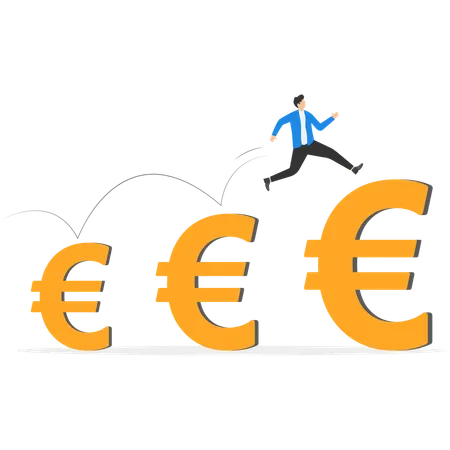 Businessman jumping on euro coin while getting financial growth  Illustration