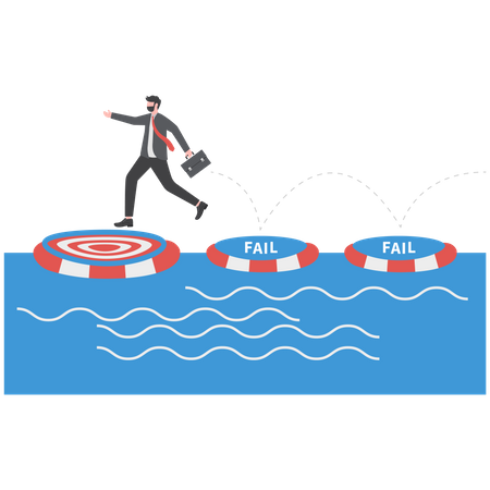 Businessman jumping on many time of failures floating on water  Illustration