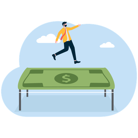 Businessman jumping on money trampoline  Illustration