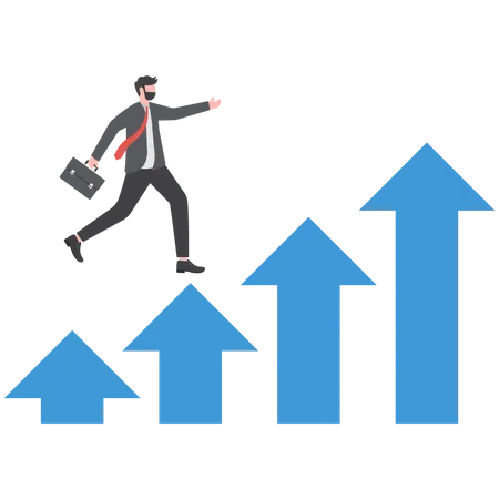 Businessman Jumping On Moving Up Bar Graph With Rising Up Arrow As Ladder Of Success Economic Prosperity Business Profit Growth Illustration