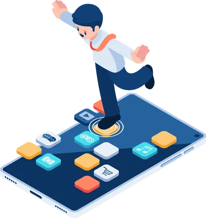 Flat 3 D Isometric Businessman Jumping On Smartphone Application Mobile App Development And Smartphone Addiction Concept Illustration