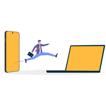 Businessman jumping out from mobile to laptop  Illustration