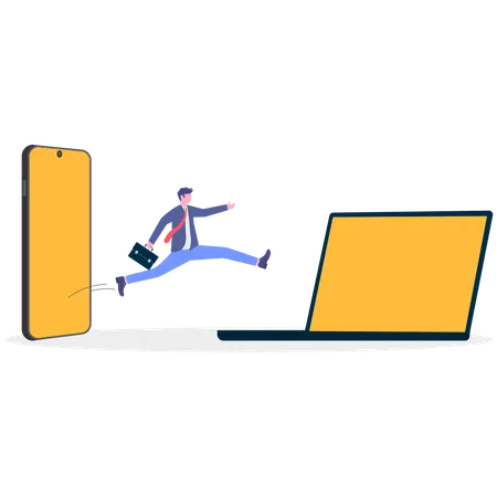 Businessman jumping out from mobile to laptop  Illustration