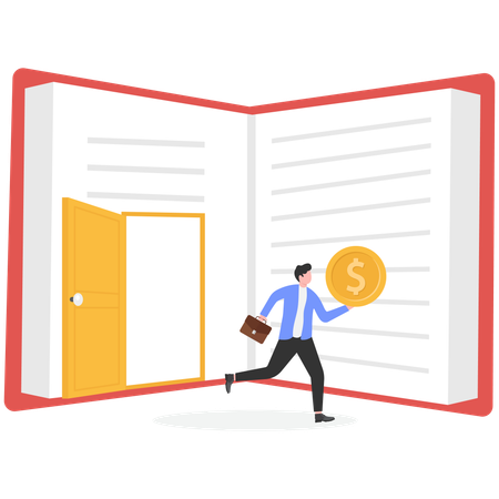 Businessman jumping out of book with money bag  Illustration