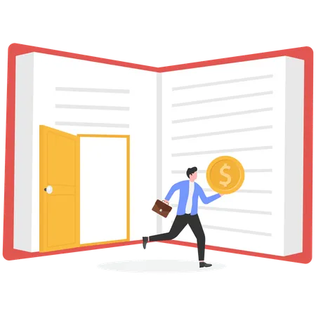 Businessman jumping out of book with money bag  Illustration