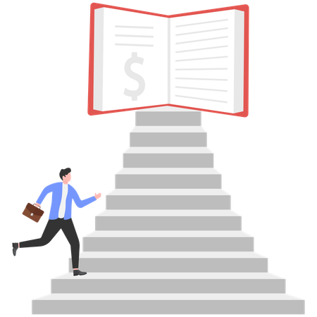 Businessman jumping out of book with money bag  Illustration