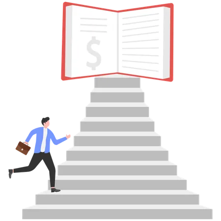 Businessman jumping out of book with money bag  Illustration