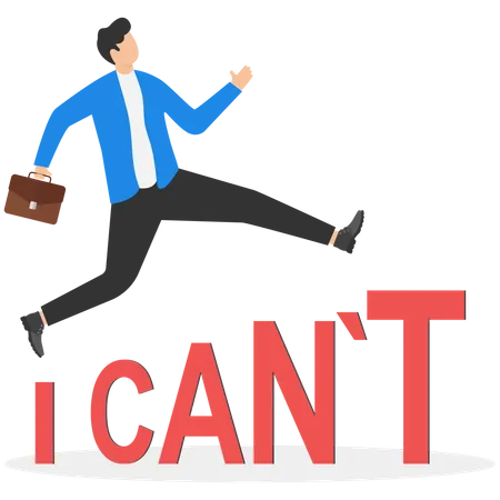Businessman jumping over an obstacle word I cannot develop himself  Illustration