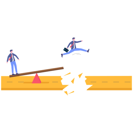 Businessman jumping over broken road for business success  Illustration