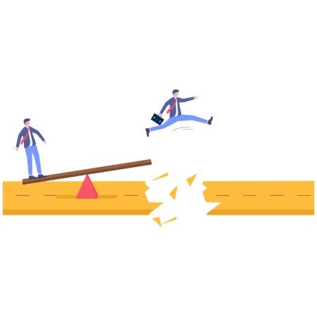 Businessman jumping over broken road for business success  Illustration