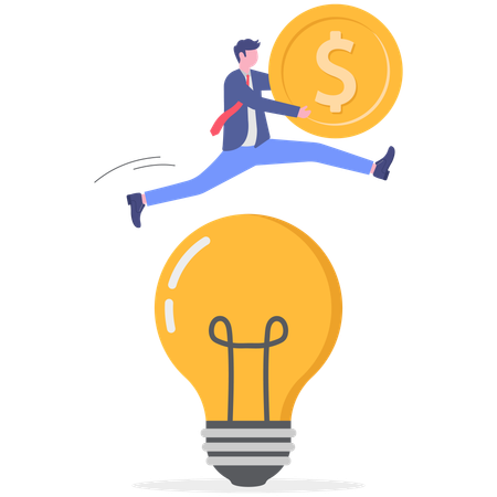Businessman jumping over bulb with dollar coin  Illustration
