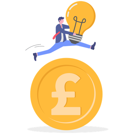 Businessman jumping over from pound coin while holding bulb  Illustration