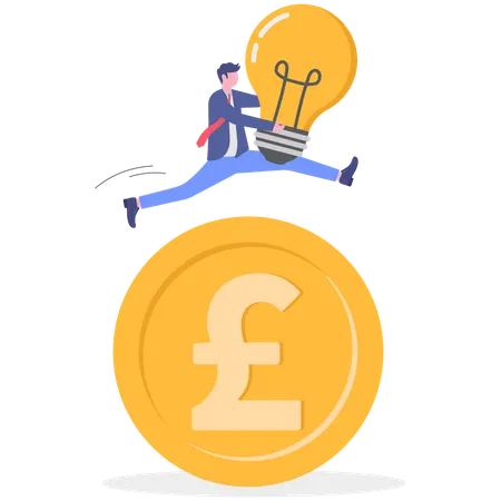 Businessman jumping over from pound coin while holding bulb  Illustration