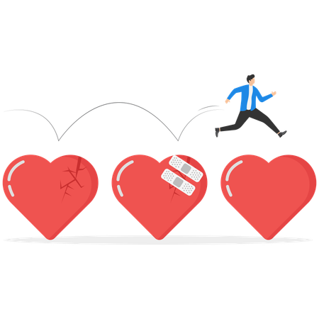Businessman jumping over hearts for forget and forgive  Illustration