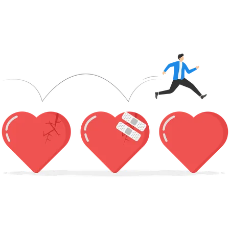 Businessman jumping over hearts for forget and forgive  Illustration