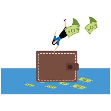 Businessman jumping over large shopping bag and money scatters behind her  Illustration