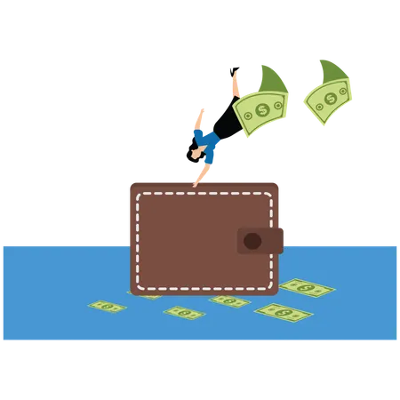 Businessman jumping over large shopping bag and money scatters behind her  Illustration