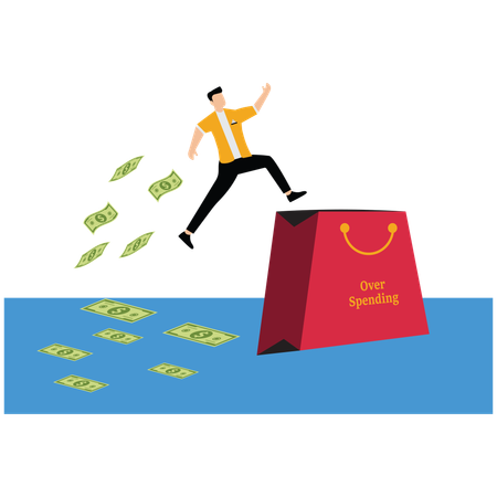Businessman jumping over large shopping bag and money scatters behind him  Illustration