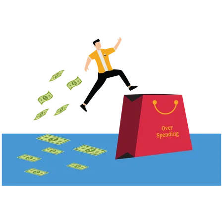 Businessman jumping over large shopping bag and money scatters behind him  Illustration