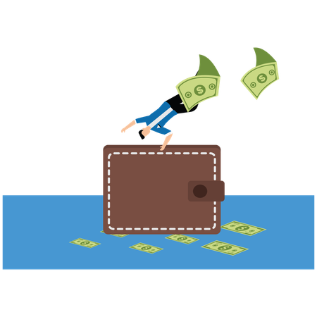 Businessman jumping over large shopping bag and money scatters behind him  Illustration