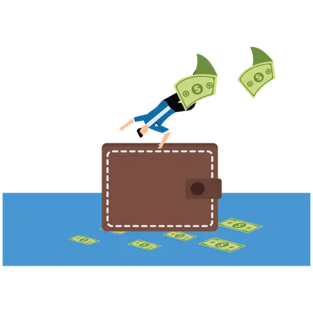 Businessman jumping over large shopping bag and money scatters behind him  Illustration