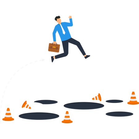 Businessman Jumping Over Obstacles Avoiding Pitfalls  Illustration