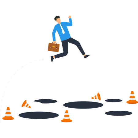 Businessman Jumping Over Obstacles Avoiding Pitfalls  Illustration