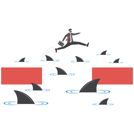 Businessman Jumping Over Shark In Water Concept Financial Crisis Illustration