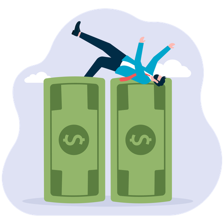 Businessman jumping over tall banknotes  Illustration