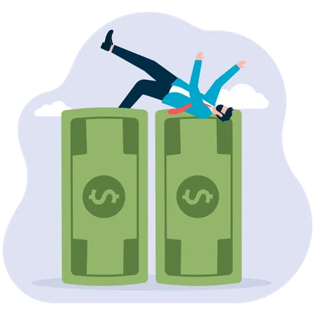 Businessman jumping over tall banknotes  Illustration