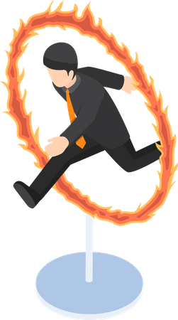 Businessman jumping through fire hoop  Illustration