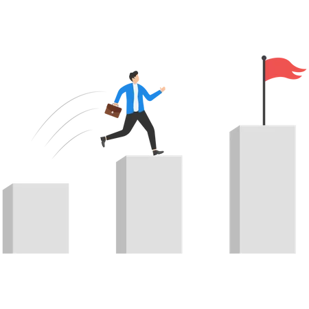 Career Growth Concept Businessman Character Jumping To Achieve Goal At Bar Chart Illustration With Red Flag Symbol Concept Of Career Development And Promotion In Business Illustration